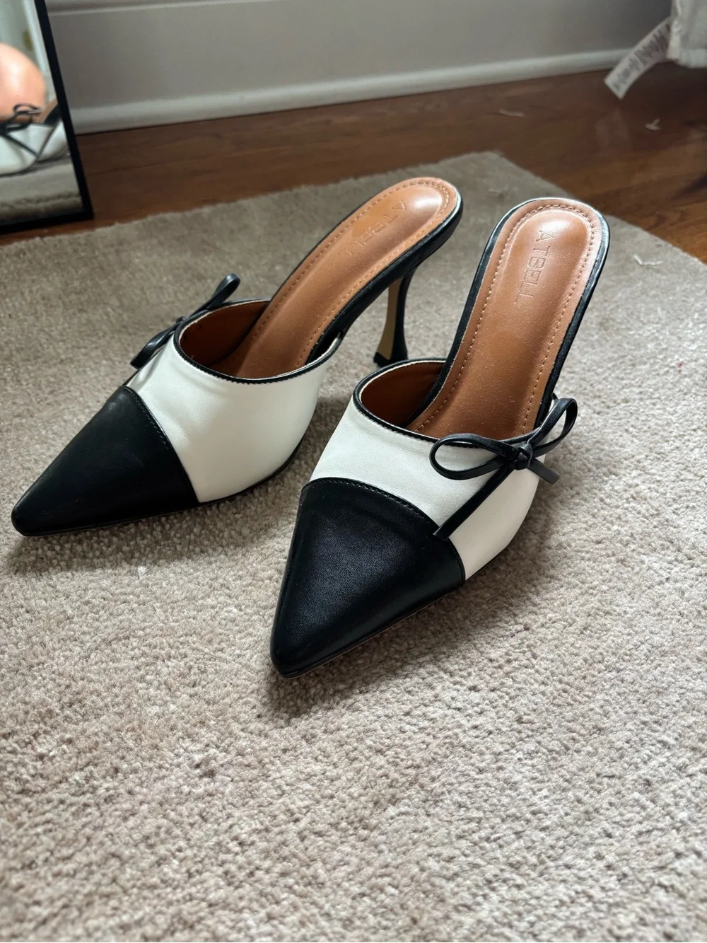 Atbell Pointed Toe Black & White Mule Heels with Bow - Picture 3 of 6